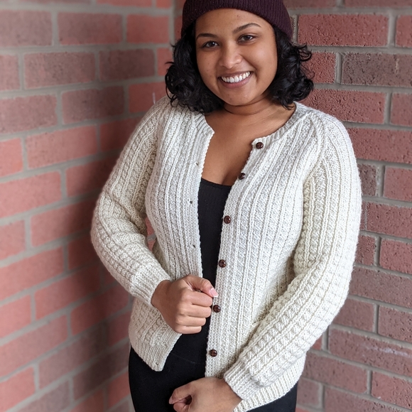 Hand Knitted Cardigan with Wood Like Buttons - Picture 2 of 2